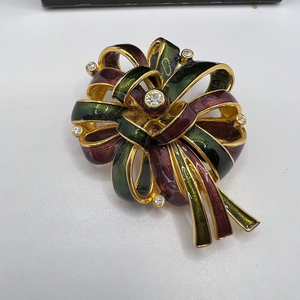 Joan Rivers Purple/green Enamel & Crystal Ribbon Bow Pin Brooch